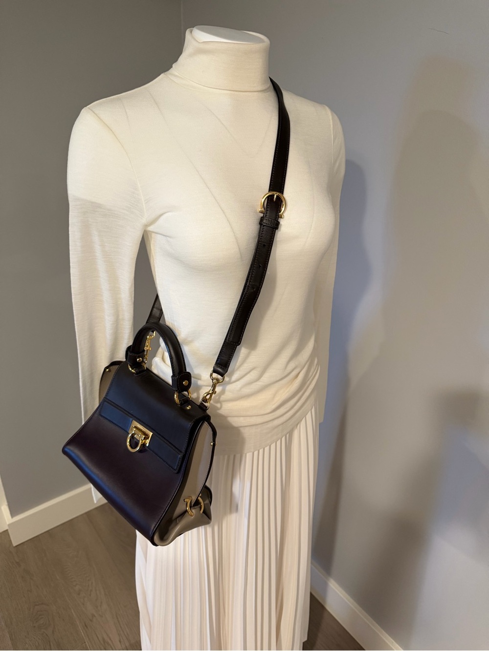 Salvatore Ferragamo Black Leather Top-Handle Crossbody with Gold Hardware